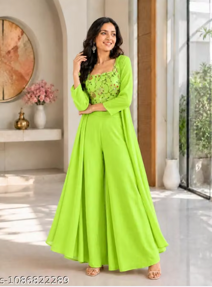 Ba 3-Piece Palazzo Set for Women - Embroidered Crop Top with Wide Leg Palazzo and Long Shrug Jacket