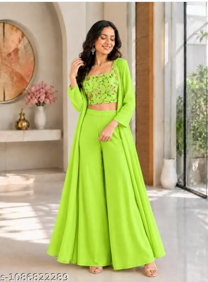 Ba 3-Piece Palazzo Set for Women - Embroidered Crop Top with Wide Leg Palazzo and Long Shrug Jacket
