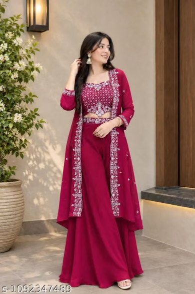 3-Piece Palazzo Set for Women - Embroidered Crop Top with Palazzo and Long Jacket with Dupatta Style