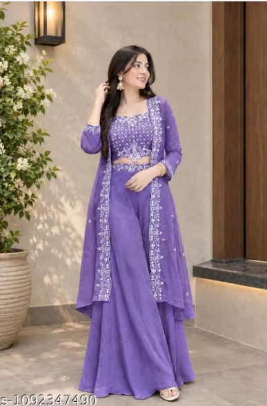3-Piece Palazzo Set for Women - Embroidered Crop Top with Palazzo and Long Jacket with Dupatta Style