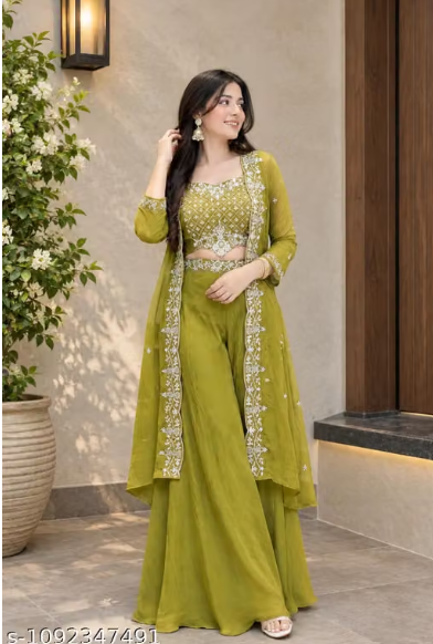 3-Piece Palazzo Set for Women - Embroidered Crop Top with Palazzo and Long Jacket with Dupatta Style