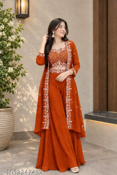 3-Piece Palazzo Set for Women - Embroidered Crop Top with Palazzo and Long Jacket with Dupatta Style