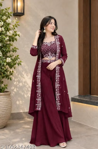 3-Piece Palazzo Set for Women - Embroidered Crop Top with Palazzo and Long Jacket with Dupatta Style