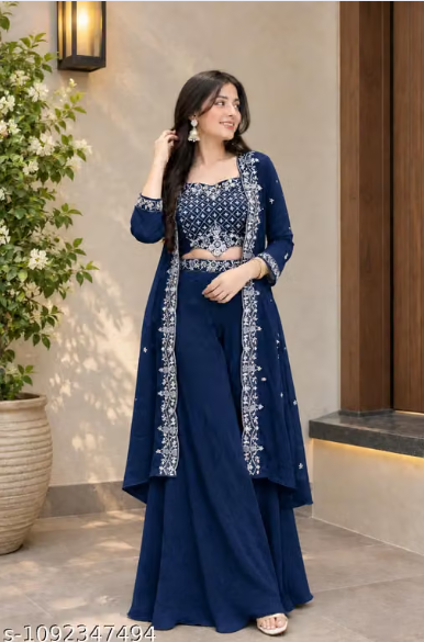 3-Piece Palazzo Set for Women - Embroidered Crop Top with Palazzo and Long Jacket with Dupatta Style