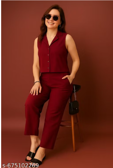 Maroon Sleeveless Co-ord Set for Women - Formal Vest Waistcoat Top with Straight Pant Set
