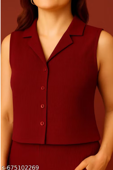 Maroon Sleeveless Co-ord Set for Women - Formal Vest Waistcoat Top with Straight Pant Set