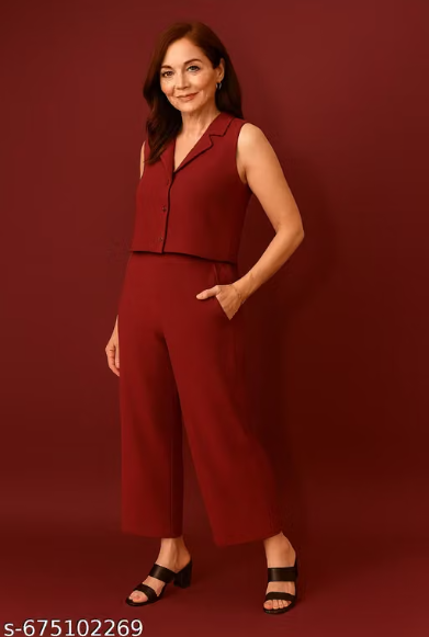 Maroon Sleeveless Co-ord Set for Women - Formal Vest Waistcoat Top with Straight Pant Set