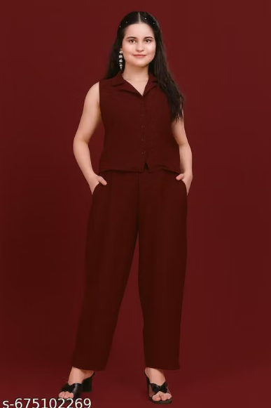 Maroon Sleeveless Co-ord Set for Women - Formal Vest Waistcoat Top with Straight Pant Set