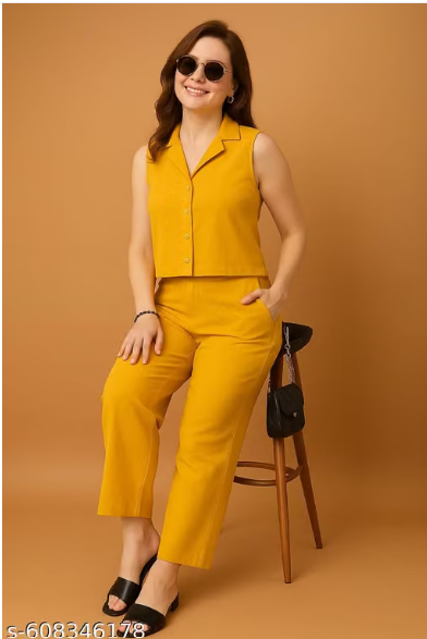 lemon yellow Sleeveless Co-ord Set for Women - Formal Vest Waistcoat Top with Straight Pant Set