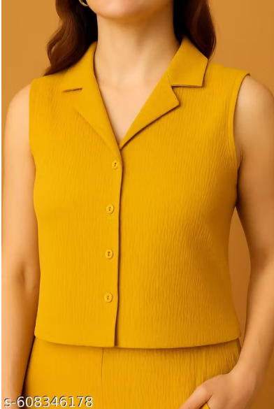 lemon yellow Sleeveless Co-ord Set for Women - Formal Vest Waistcoat Top with Straight Pant Set