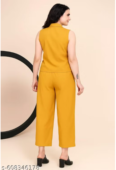 lemon yellow Sleeveless Co-ord Set for Women - Formal Vest Waistcoat Top with Straight Pant Set