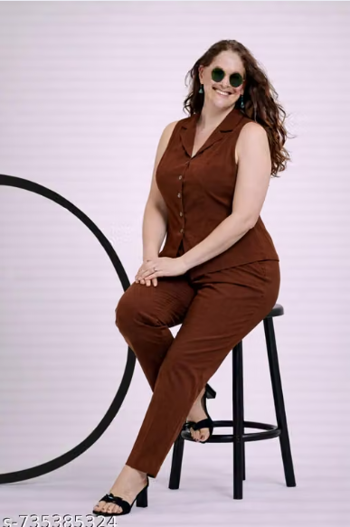 Brown Sleeveless Co-ord Set for Women - Formal Vest Waistcoat Top with Straight Pant Set