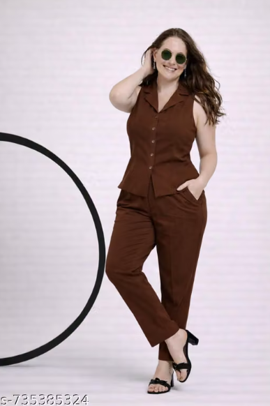 Brown Sleeveless Co-ord Set for Women - Formal Vest Waistcoat Top with Straight Pant Set