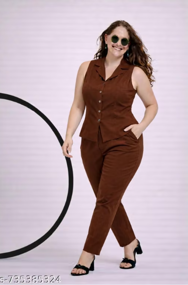 Brown Sleeveless Co-ord Set for Women - Formal Vest Waistcoat Top with Straight Pant Set