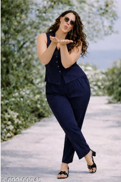 Navy Blue Sleeveless Co-ord Set for Women - Formal Vest Waistcoat Top with Straight Pant Set