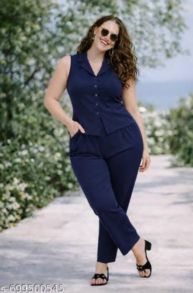 Navy Blue Sleeveless Co-ord Set for Women - Formal Vest Waistcoat Top with Straight Pant Set