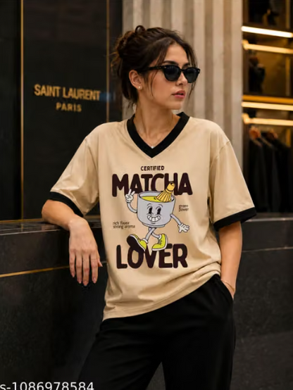Women  Cream Matcha Lover Graphic T-Shirt | Oversized Casual Streetwear Tee