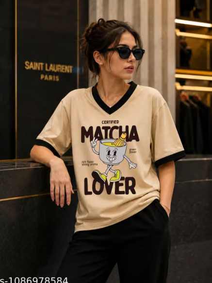 Women  Cream Matcha Lover Graphic T-Shirt | Oversized Casual Streetwear Tee