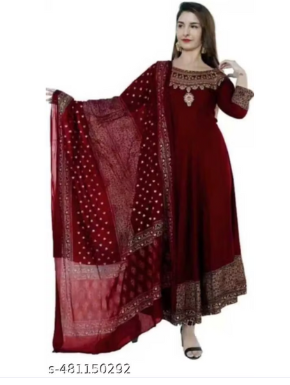 Maroon Embroidered Anarkali Gown Set with Printed Dupatta - Long Velvet Anarkali Dress for Women