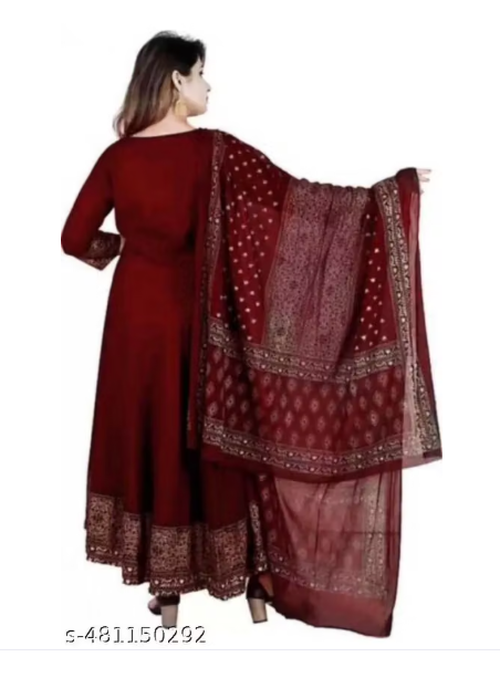 Maroon Embroidered Anarkali Gown Set with Printed Dupatta - Long Velvet Anarkali Dress for Women