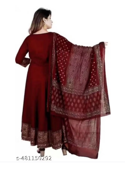 Maroon Embroidered Anarkali Gown Set with Printed Dupatta - Long Velvet Anarkali Dress for Women