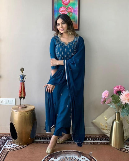 Royal Blue Embroidered Silk Suit Set with Dupatta
