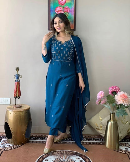 Royal Blue Embroidered Silk Suit Set with Dupatta