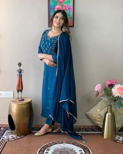 Royal Blue Embroidered Silk Suit Set with Dupatta