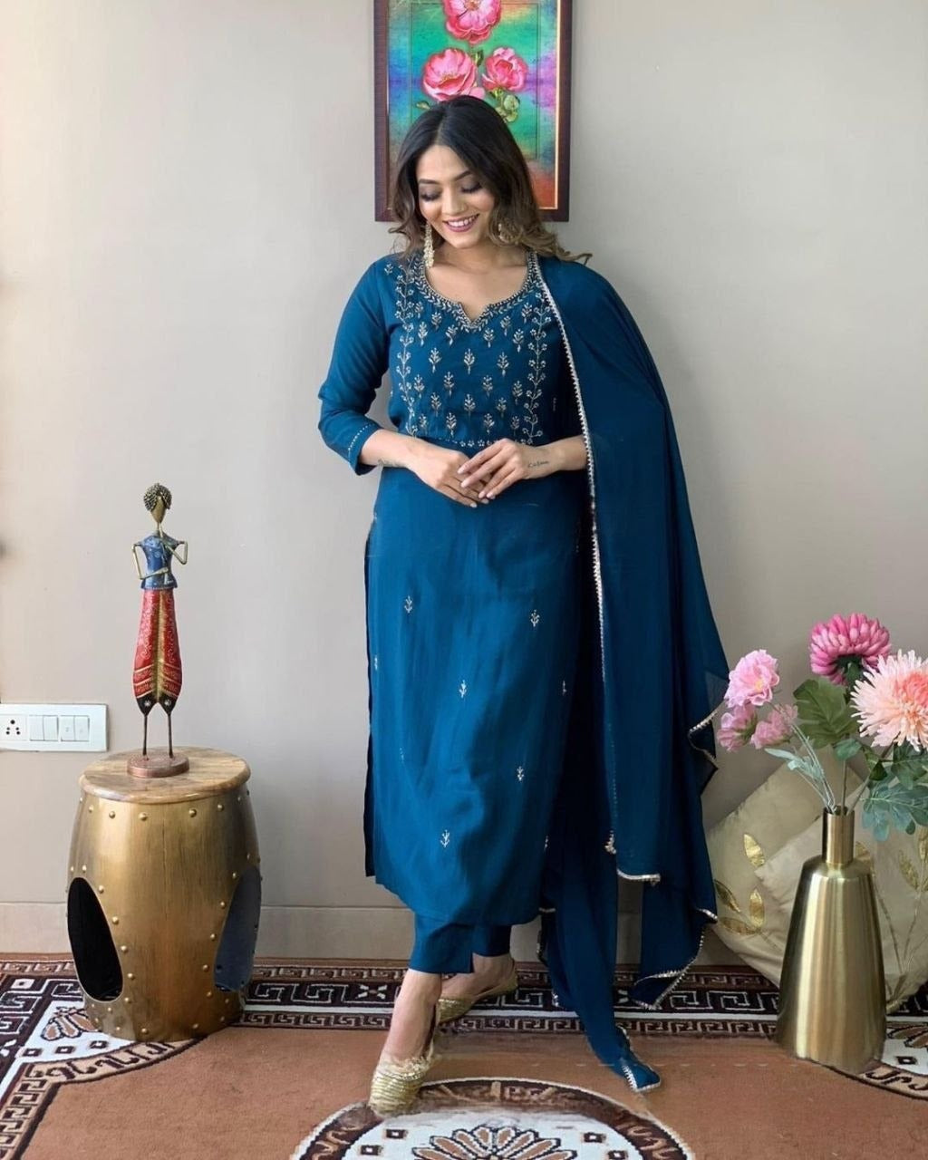 Royal Blue Embroidered Silk Suit Set with Dupatta