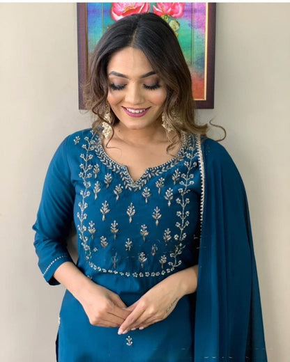 Royal Blue Embroidered Silk Suit Set with Dupatta