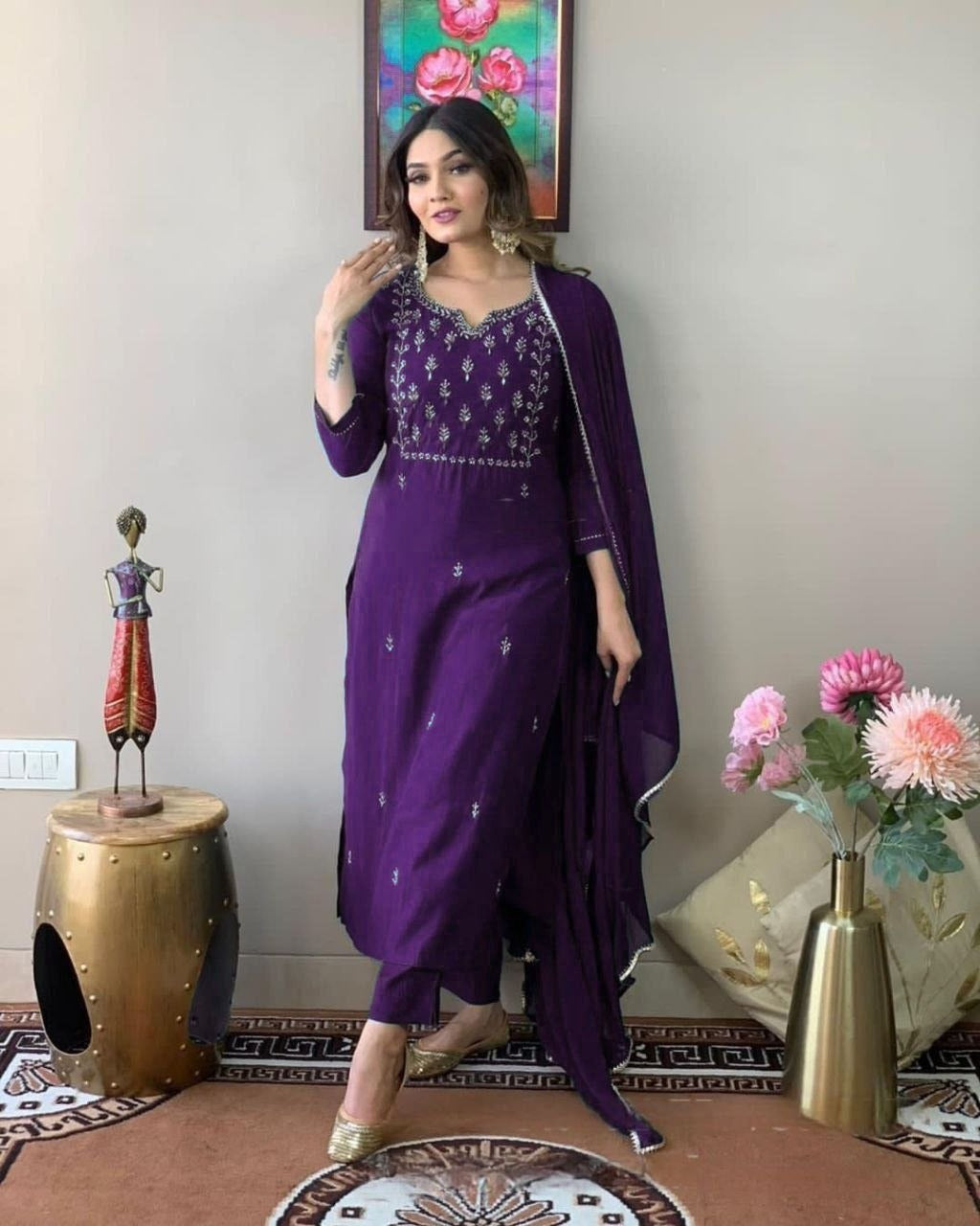Elegant Purple Embroidered Ethnic Suit Set with Dupatta