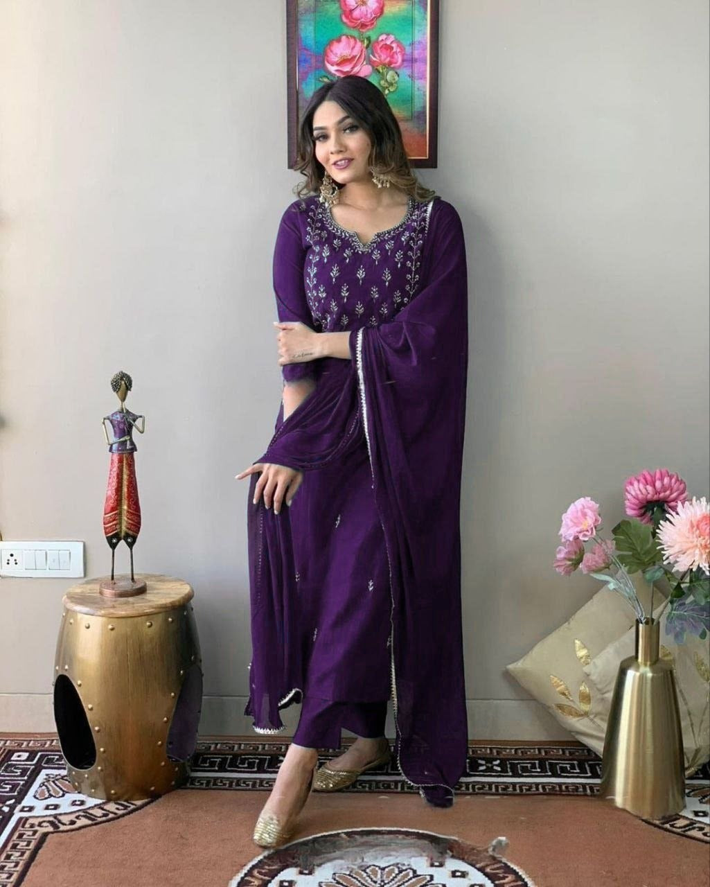 Elegant Purple Embroidered Ethnic Suit Set with Dupatta