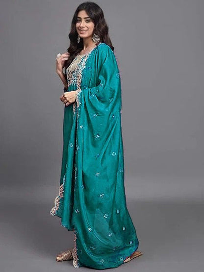 Elegant Teal Green Embroidered Straight Suit Set with Dupatta