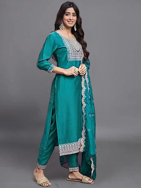 Elegant Teal Green Embroidered Straight Suit Set with Dupatta