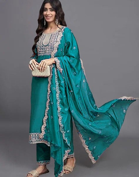 Elegant Teal Green Embroidered Straight Suit Set with Dupatta
