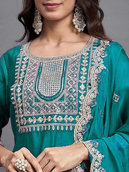 Elegant Teal Green Embroidered Straight Suit Set with Dupatta