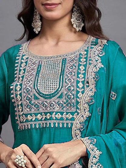 Elegant Teal Green Embroidered Straight Suit Set with Dupatta