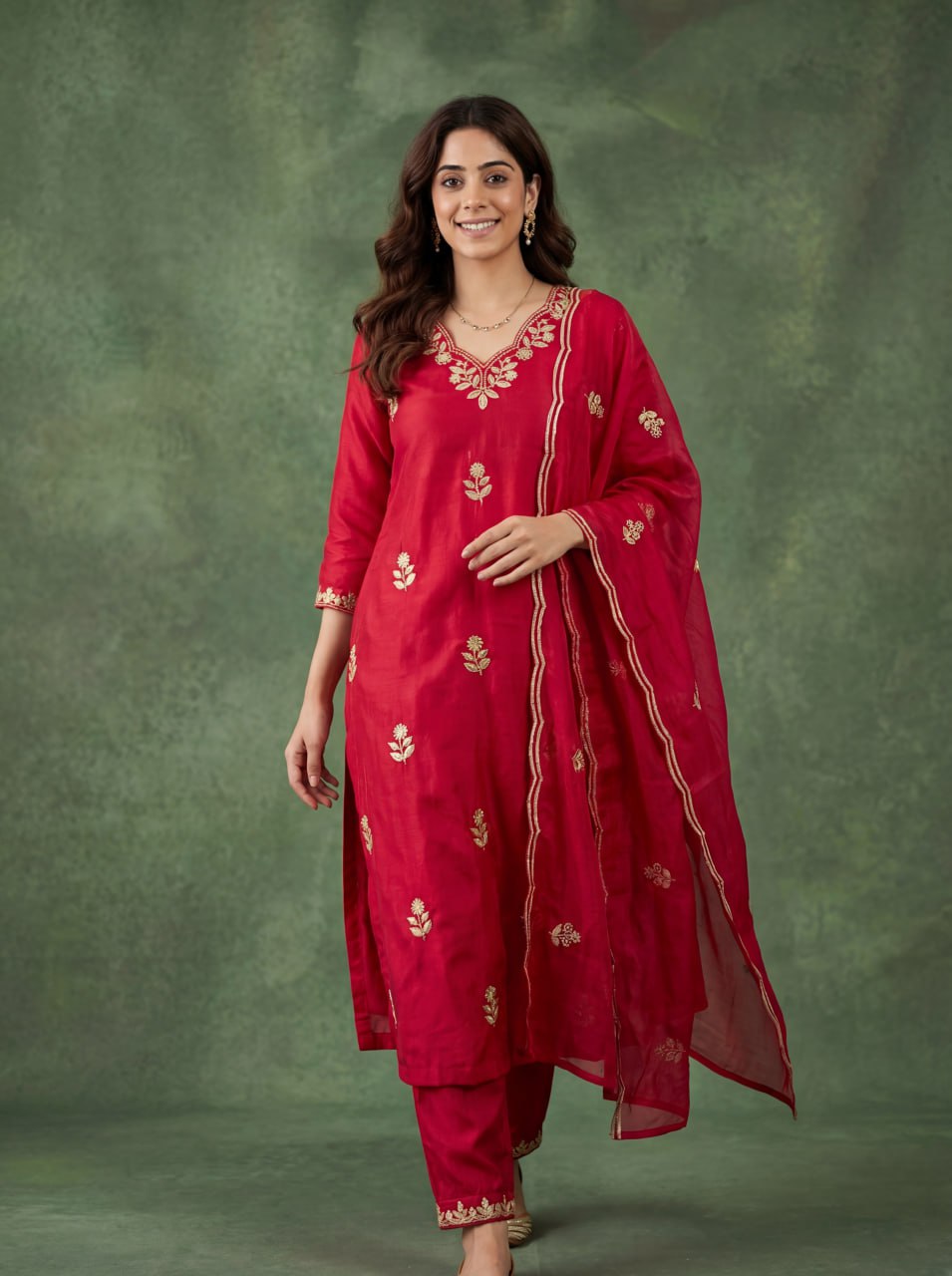 Elegant Red Embroidered Kurta Pant Set with Dupatta