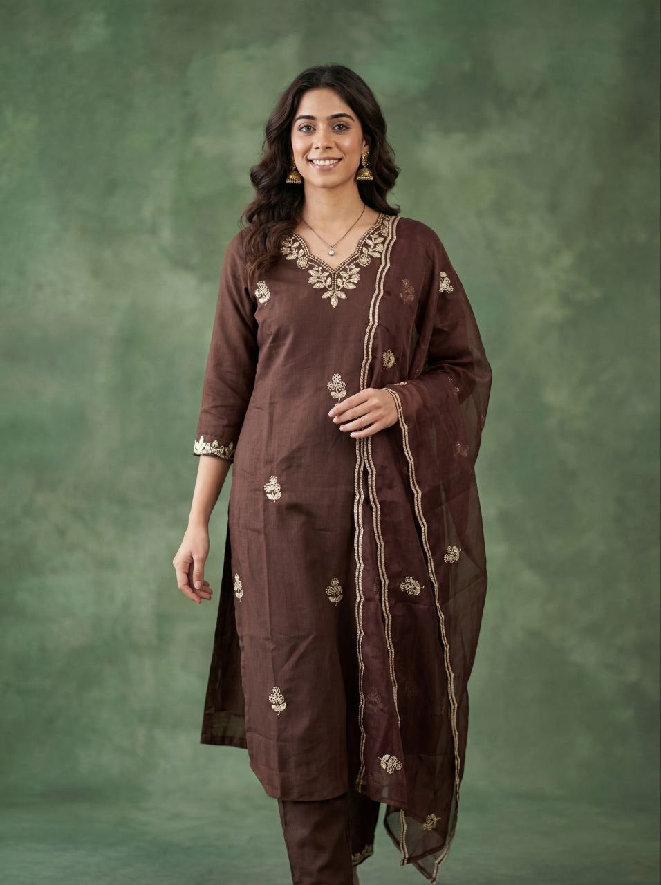 Elegant Chocolate Brown Embroidered Kurta Pant Set with Dupatta