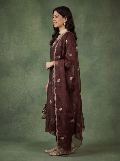 Elegant Chocolate Brown Embroidered Kurta Pant Set with Dupatta