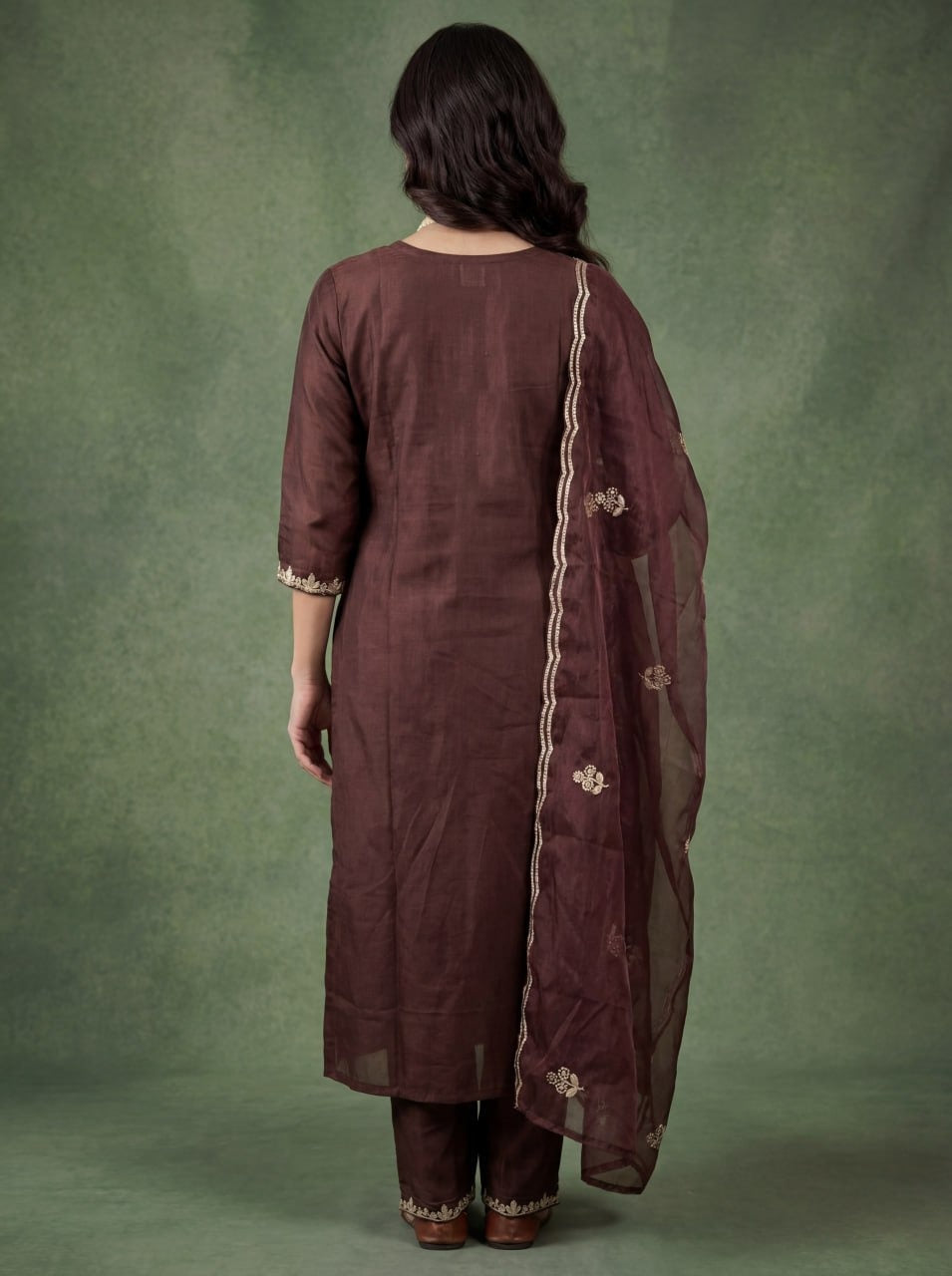 Elegant Chocolate Brown Embroidered Kurta Pant Set with Dupatta