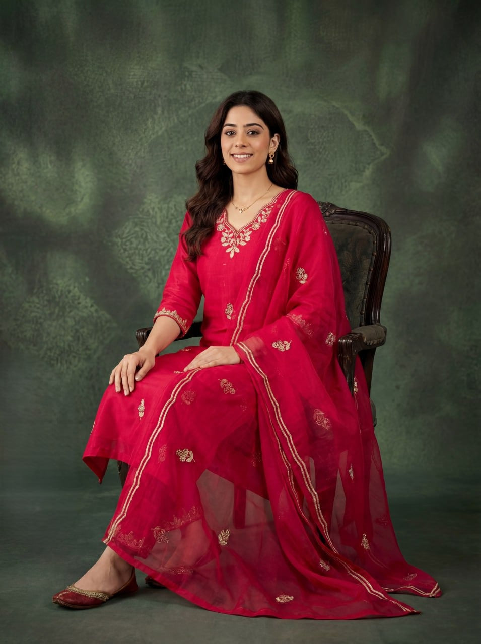 Elegant Red Embroidered Kurta Pant Set with Dupatta