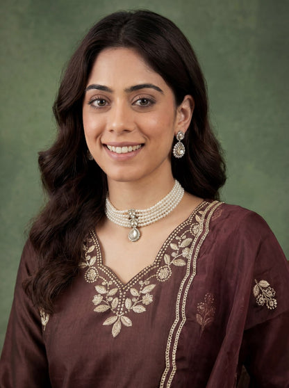 Elegant Chocolate Brown Embroidered Kurta Pant Set with Dupatta