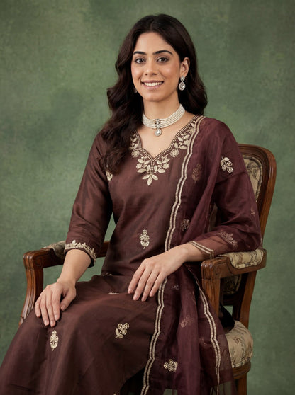 Elegant Chocolate Brown Embroidered Kurta Pant Set with Dupatta