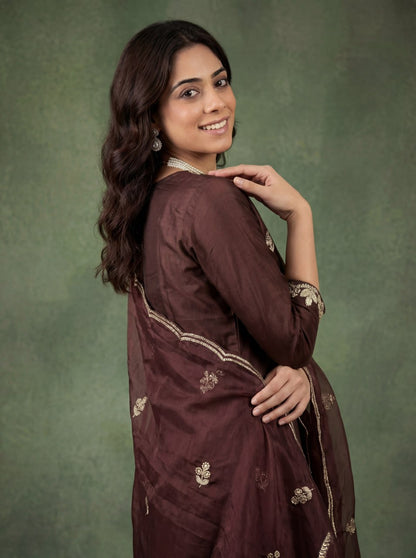Elegant Chocolate Brown Embroidered Kurta Pant Set with Dupatta