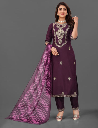 Elegant Wine Purple Embroidered Kurta Pant Set with Printed Dupatta