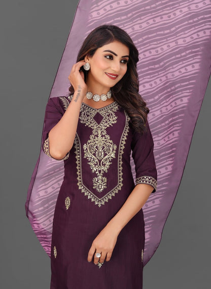 Elegant Wine Purple Embroidered Kurta Pant Set with Printed Dupatta