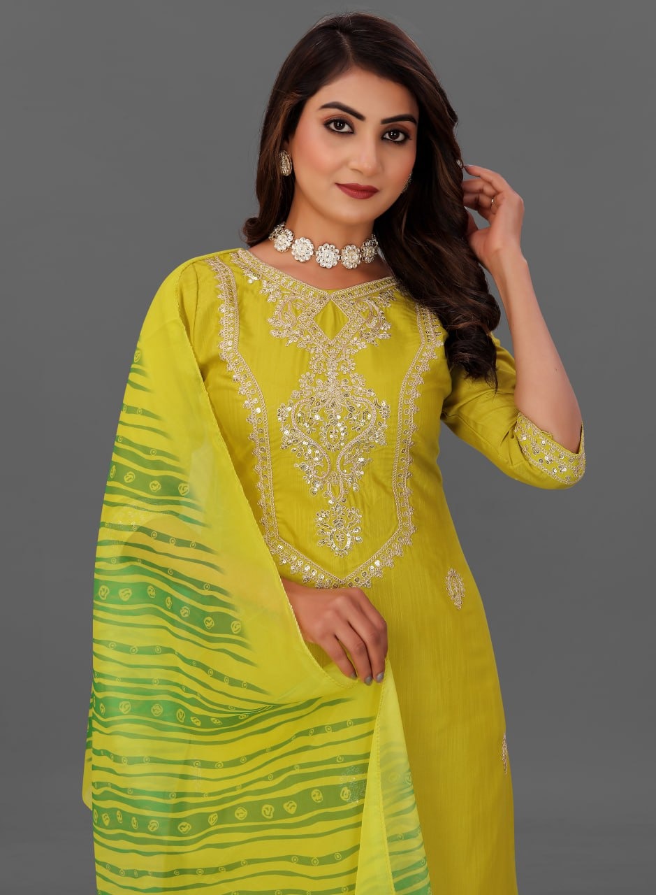 Elegant Mustard Yellow Embroidered Suit Set with Green Printed Dupatta