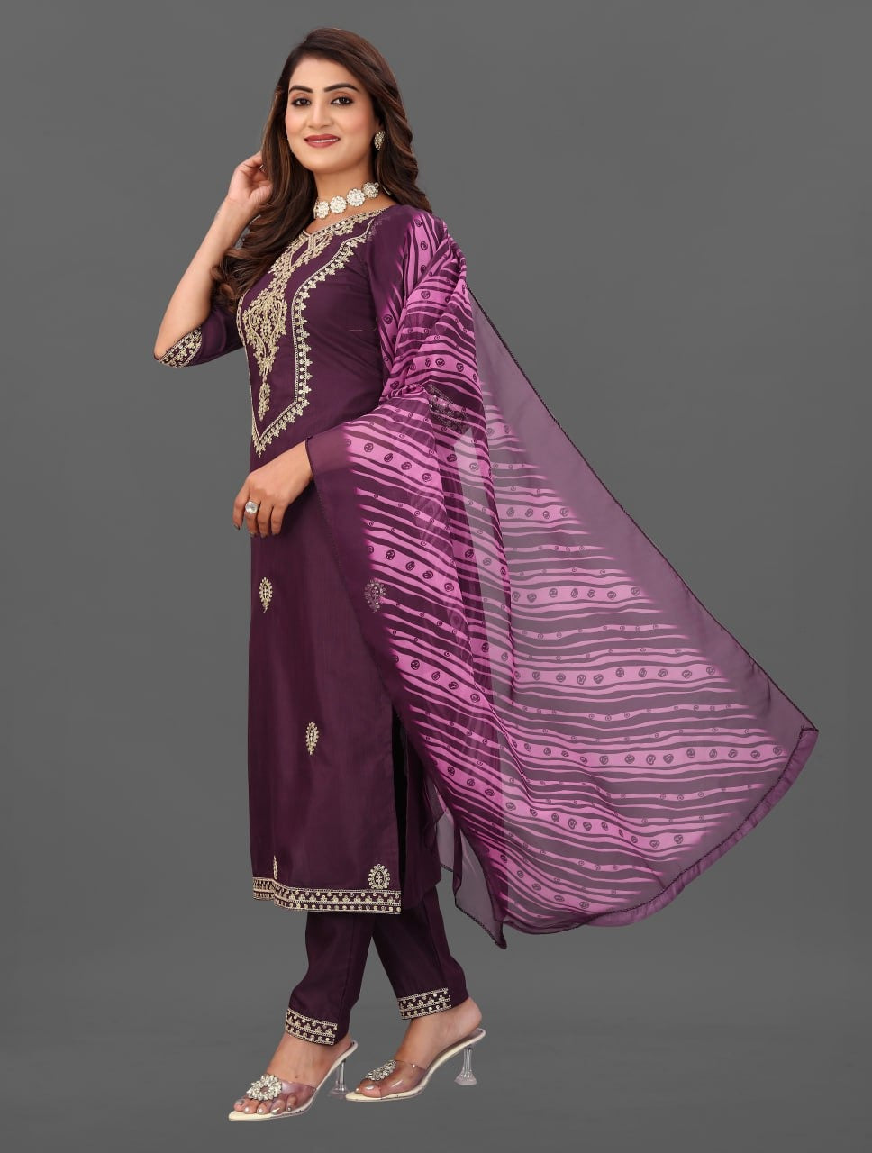Elegant Wine Purple Embroidered Kurta Pant Set with Printed Dupatta