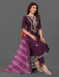 Elegant Wine Purple Embroidered Kurta Pant Set with Printed Dupatta